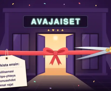 Kuvituksessa kultakahvaiset jättisakset ovat leikkaamassa punaista avajaisnauhaa uuden nettikasinon valaistun oven edessä, ja nauhaan on kiinnitetty lappu, jossa muistutetaan tarkistamaan ensin pelilisenssi, https-yhteys, bonusehdot ja omat rajat.
